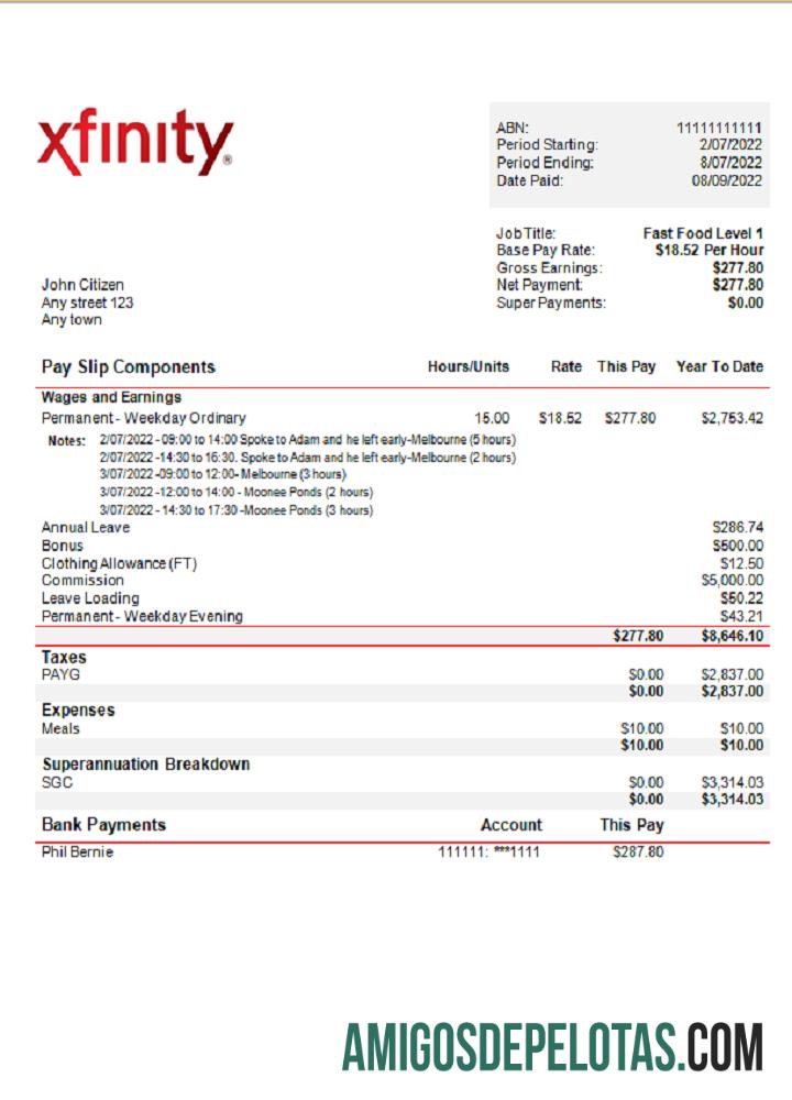 Recibo de pagamento da empresa de transmissão Xfinity dos EUA modelo